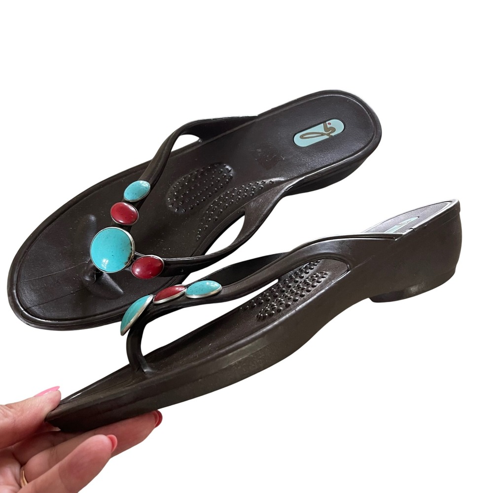Oka-B Wedge Flip Flops Womens ML Brown Turquoise Red Boho Southwestern Sandals